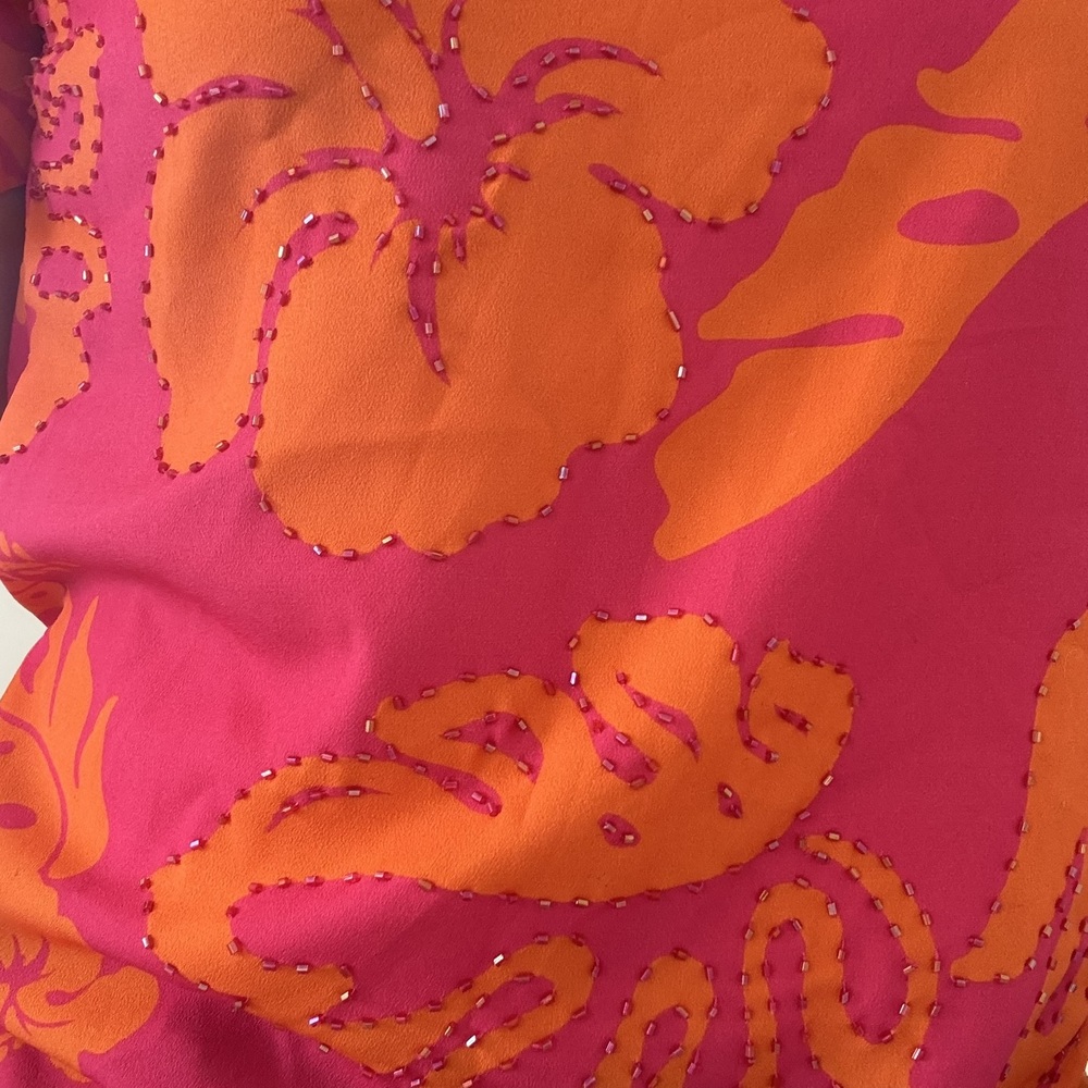 Hale Bob Beaded Hibiscus Floral Crop Top – Pink & Orange, Hand-Beaded, Size S